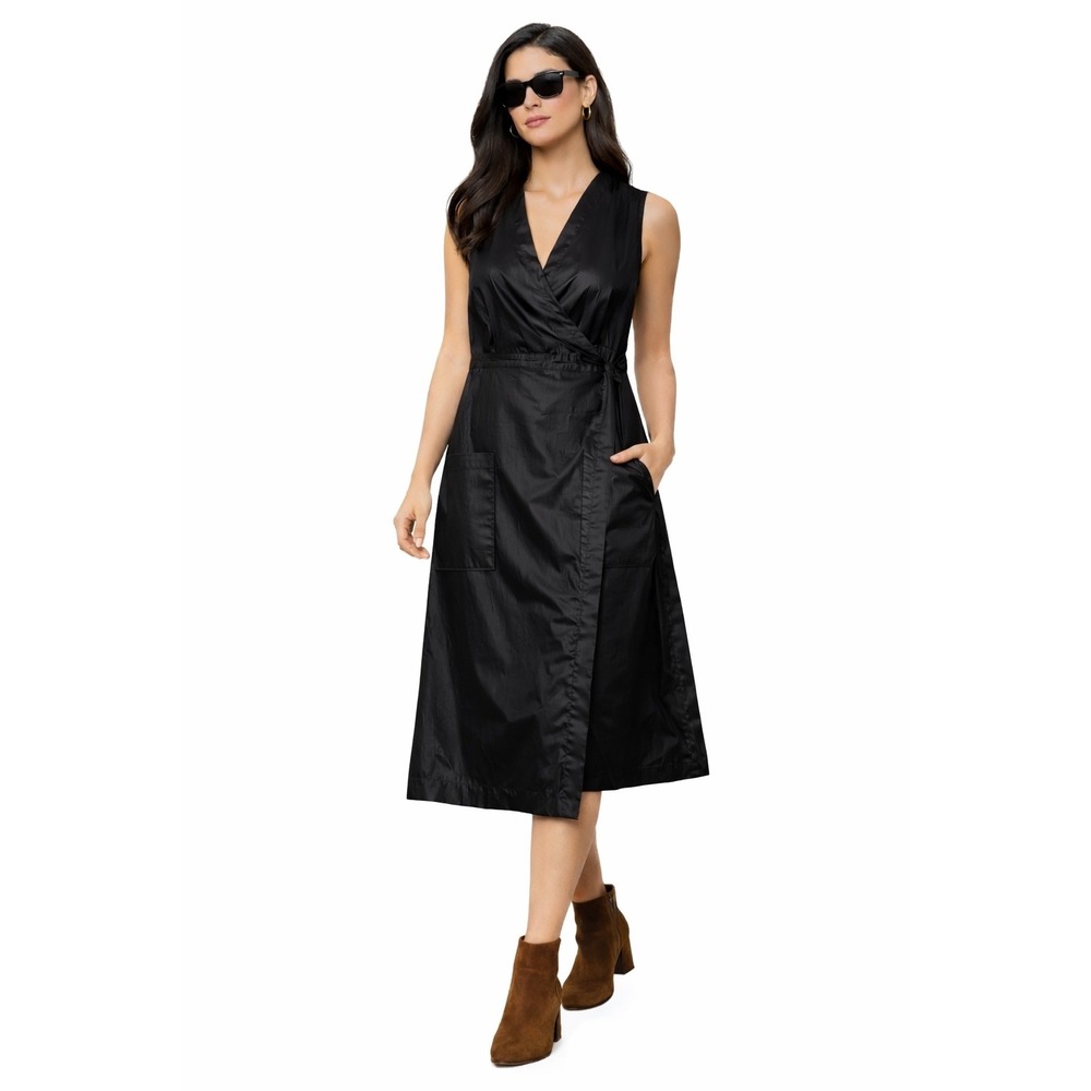 Rodebjer Shiny Black Wrap Midi Dress Sleeveless V Neck Pockets‎ size M